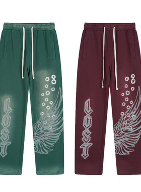 Lost intricacy美潮小众街头烫钻字母复古水洗男女宽松休闲长裤