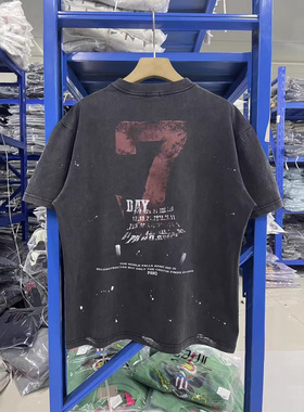 PANQ SPACE 7 DAY泼墨Logo水洗做旧Vintage短袖宽松休闲圆领T恤