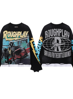 RoughPlay美式嘻哈风街头复古洗水做旧骷髅印花男女宽松长袖T恤衫