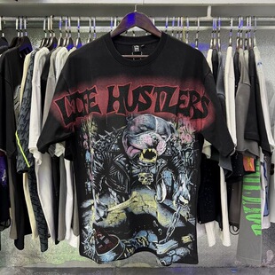 Life Hustlers街头嘻哈比特犬印花烫钻字母宽松休闲短袖美潮T恤