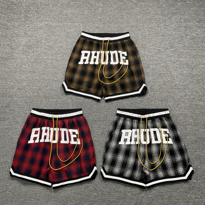 rhude shorts美式高街潮牌运动休闲宽松字母印花格子夏季抽绳短裤
