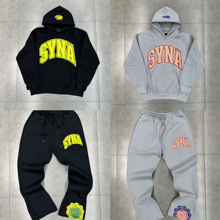 新款Syna world字母印花加绒连帽卫衣卫裤Drill美潮高街男女休闲