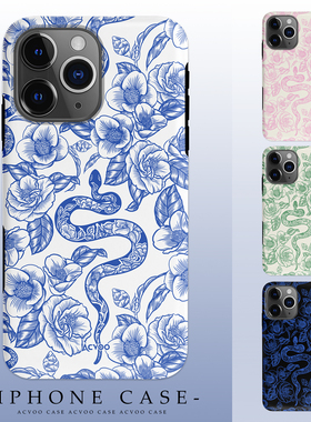 Acvoo蓝色粉色春日蛇纹山茶花欧美iPhone16Promax保护15适用于苹果14手机壳13防摔壳12不褪色环保可水洗全包