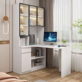 实木转角书桌书架一体儿童学习写字桌简约家用台式 电脑桌书柜组合