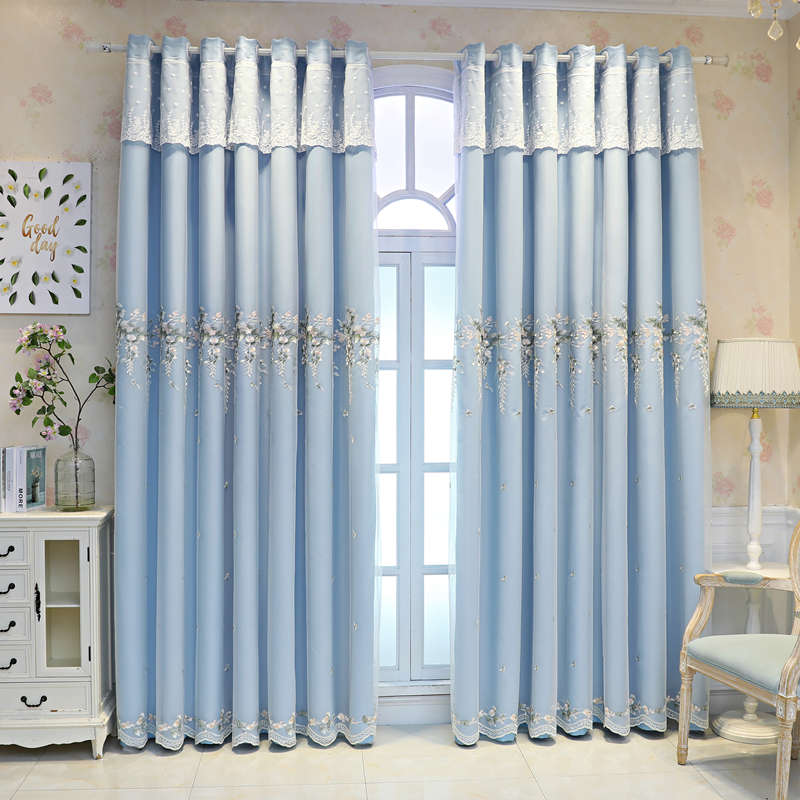 简约田园加厚布料绣花窗帘纯色全遮光窗帘客厅卧室阳台定制成品