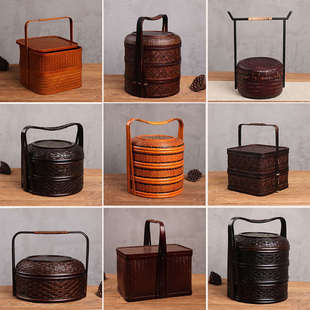 竹编制品老式食盒多层手提竹编带盖提篮子中式复古古代双层提盒