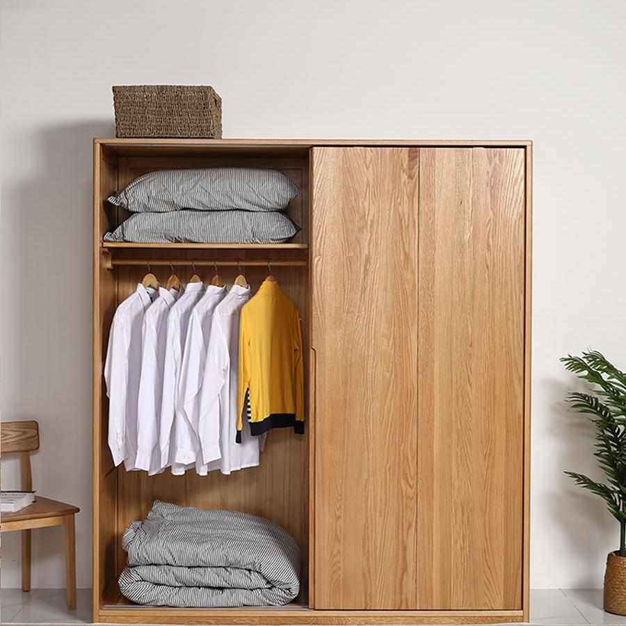 实木衣柜北欧红橡木卧室门家用收纳移推拉门储物柜柜子衣橱
