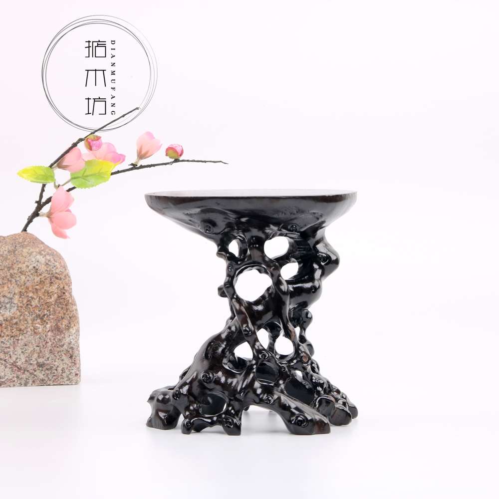 红木工艺品黑檀镂空根雕底座茶壶底座小摆件黑梓木奇石玉器木托