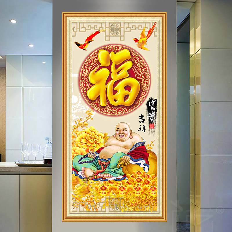百福牡丹图自粘油画布墙壁贴画纸中式竖版入户玄关装饰画五福临门