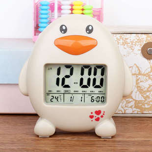 多功能电子静音聪明小闹钟电池显示夜灯卡通日历语音报时三组闹铃