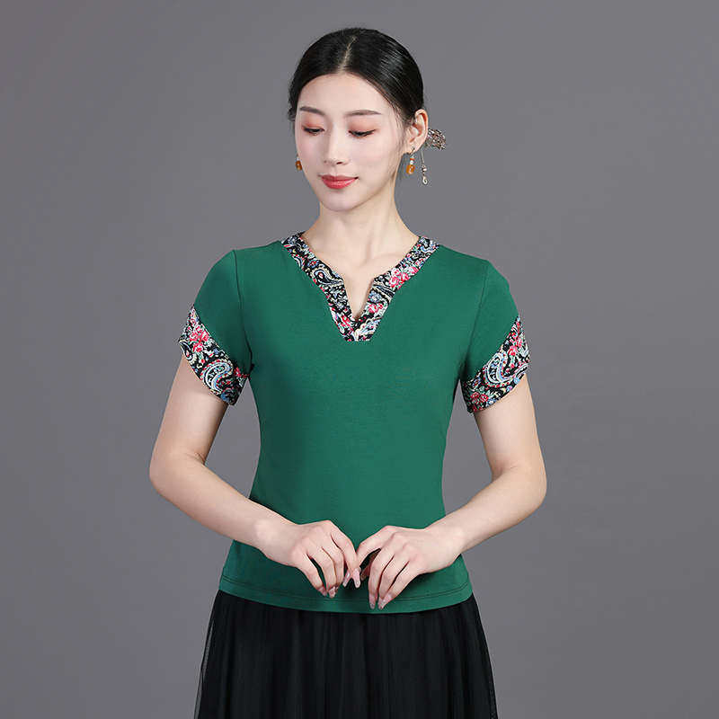 2024新款广场舞服装女春夏棉v花领练功服中老年古典舞跳舞上衣潮