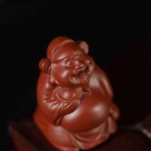 紫砂小财神爷茶宠精品雕塑大红袍可养手工迷你摆件创意招财手把件