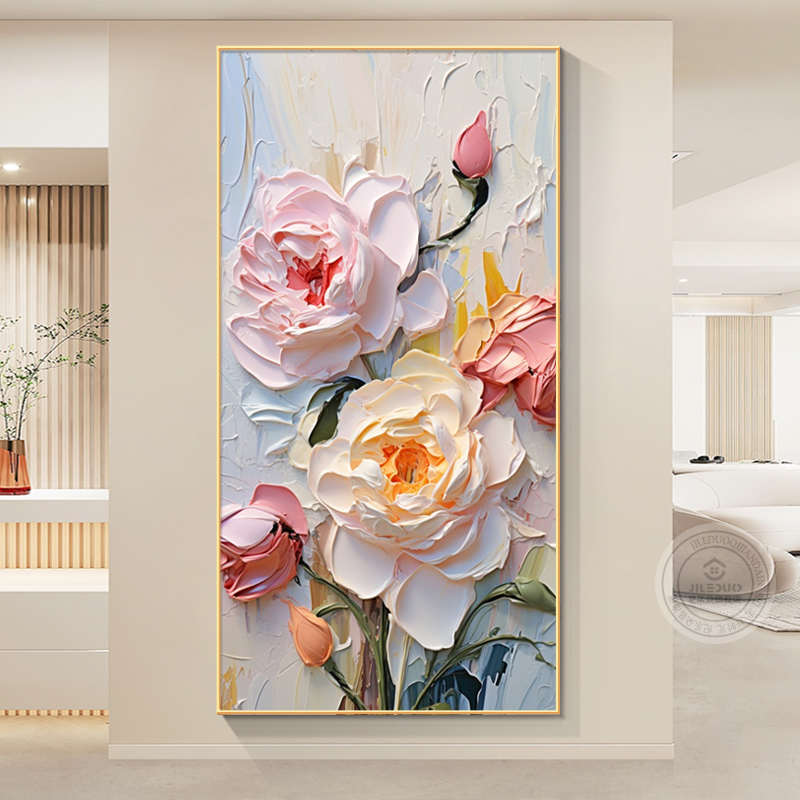 奶油风牡丹花入户玄关装饰画现代简约花开富贵走廊过道高级感挂图片
