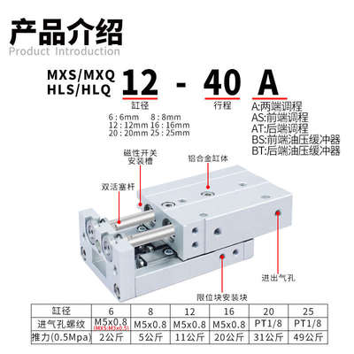 精密气动滑台气缸MXS-MXQ-HLS-HLQ/6/8/12/16  AS/AT/A直线带导轨