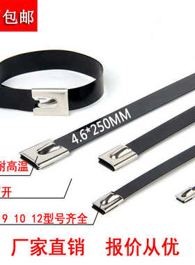 喷塑不锈钢扎带304刚扎带4.6*250mm包塑铁扎带耐高温工地黑色自锁