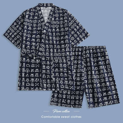 新款服女服款洗浴服短款棉麻家居蒸汗情侣套装和服桑拿服款系男扣