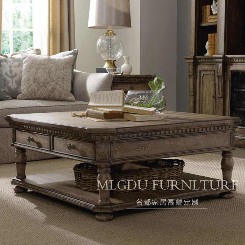 美式实木茶几边几 复古做旧橡木餐桌别墅客厅沙发角几玄关桌边桌