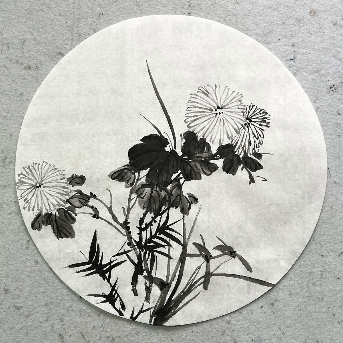 手绘扇面菊花圆形4201新中式国画装饰画墙挂画宣纸画芯无款玄关