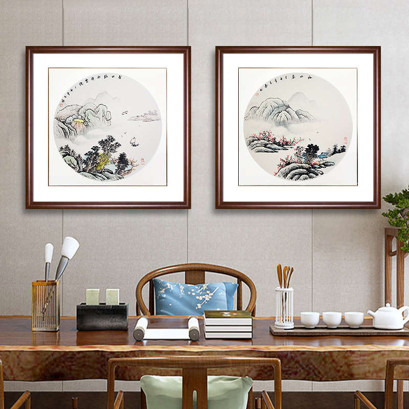 手绘斗方山水画水墨国画办公室挂画客厅沙发正方形壁画玄关装饰画图片