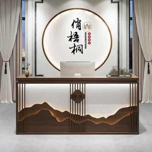 新中式复古吧台饭店餐厅酒店茶楼实木收银台养生馆服装前台接待台