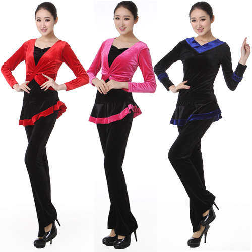 包邮广场舞服装新款中老年拉丁舞蹈服金丝绒秋冬装长袖上衣V领