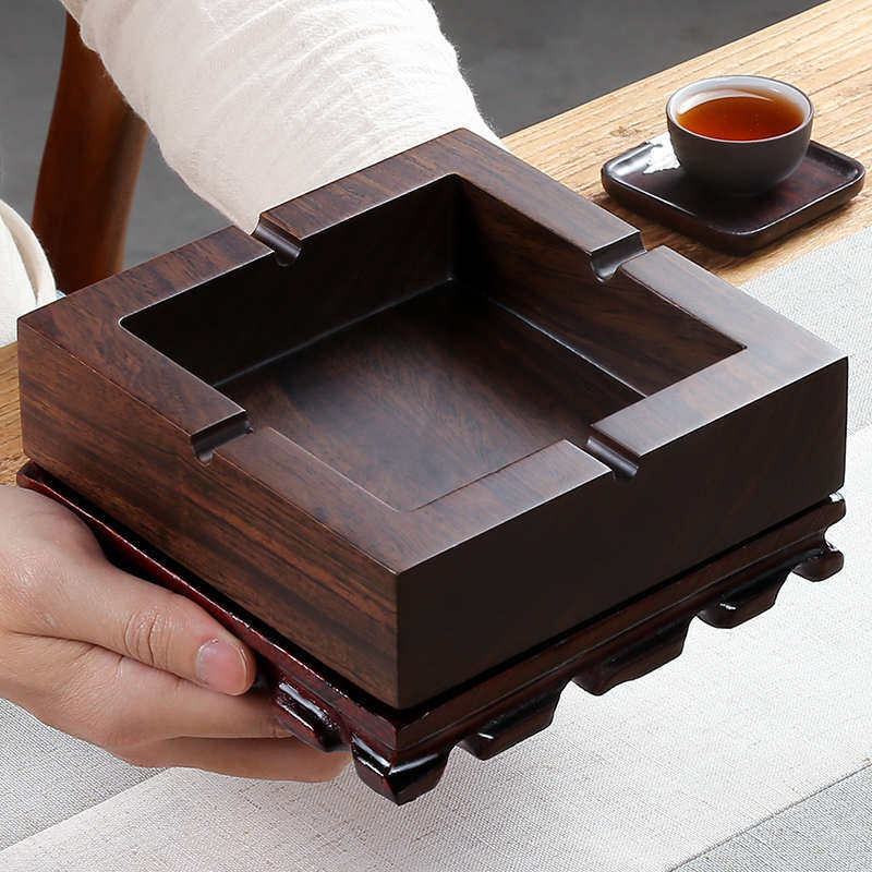 实木中式黑檀带盖家用烟灰缸欧式木质创意个性潮流大号防烟灰飞