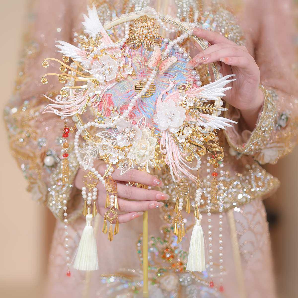 秀禾团扇新娘结婚diy材料包手工成品喜扇高级婚礼重工婚扇子双面,家居饰品,工艺扇/团扇/喜扇/折扇,淘宝优惠券,粉丝福利购,淘宝优惠卷