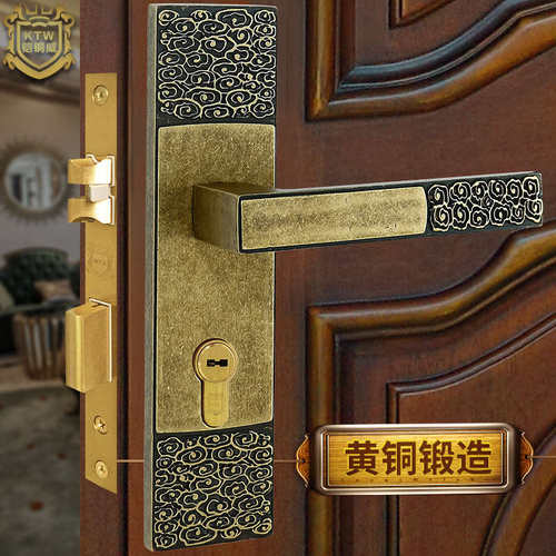 现货铠铜威 黄铜新中式室内实木门锁 铜房间子母门对开静音执手锁
