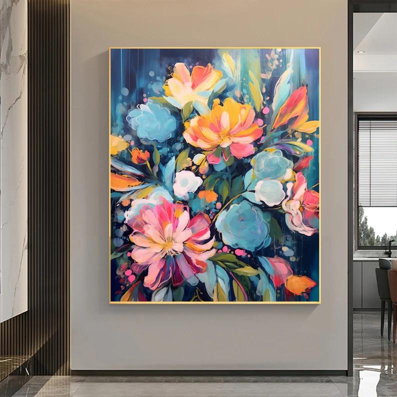 大芬村纯手绘油画抽象花卉多巴胺客厅装饰画竖版沙发玄关走廊挂