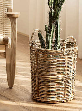 尚尙家居田园风进口藤编编织手提篮子收纳筐竹编花盆大号手工花篮