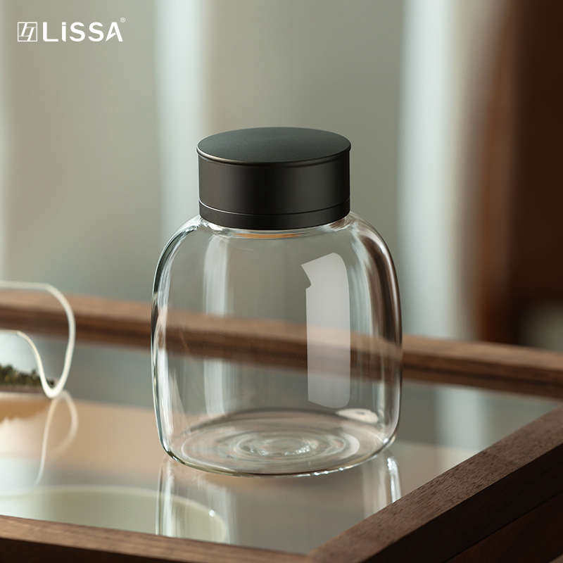 锡合金玻璃茶叶罐双盖密封茶盒茶仓茶具小号便携透明茶罐散茶罐子