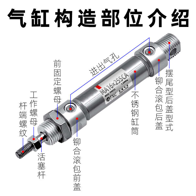 气动小型不锈钢迷你气缸大全MA16/20/25/32/40-100/200/500-S-C