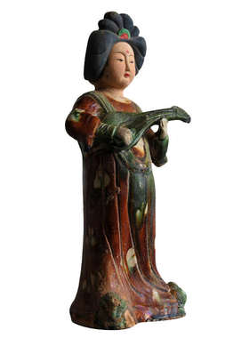 彩绘唐三彩俑家居乐器仕女俑俑仿古收藏陶瓷唐摆设女胖摆件妮