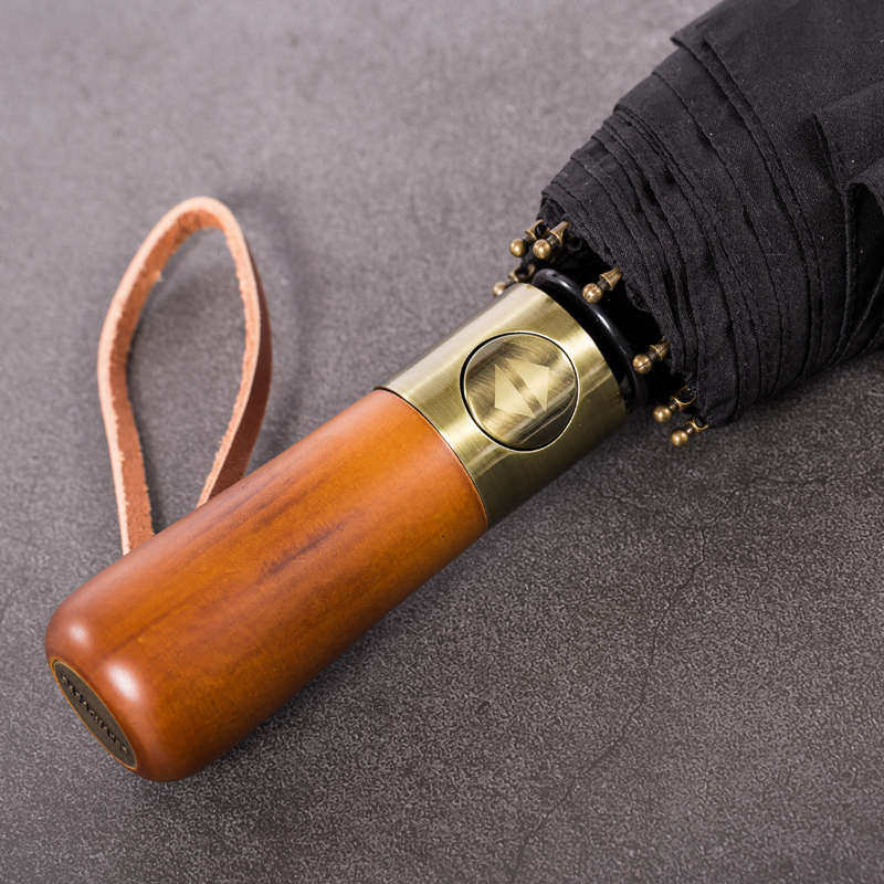 复古纯色商务十骨大号双层加固防风晴雨伞木柄折叠全自动男女双人