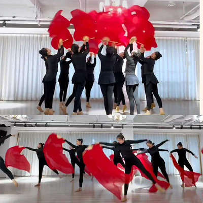 舞蹈扇子长飘红色长绸扇珊瑚颂古典舞万疆跳舞扇真丝红绸长稠扇