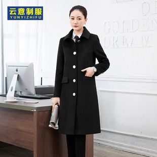 酒店前台黑色中长款女大衣毛呢外套风衣物业售楼处工作服秋冬装
