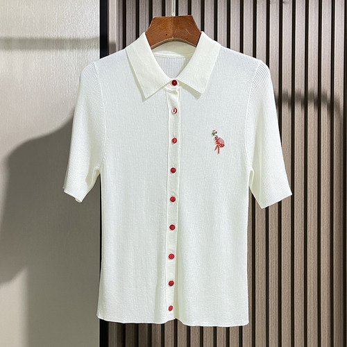 通勤百搭绢丝羊毛针织衫短袖夏款弹性修身显瘦POLO领T恤开衫上衣