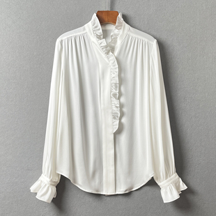 V领白色通勤气质上衣 长袖 优雅宫廷女人味 双乔弹力真丝木耳边衬衫