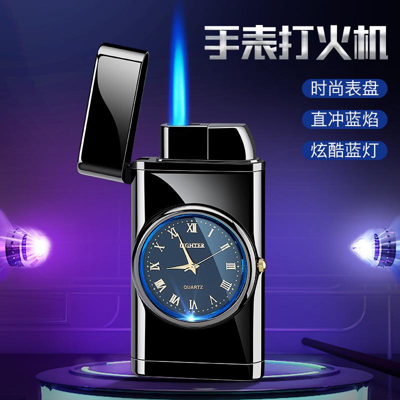 网红创意金属多功能充气防风打火机自动直冲蓝焰个性七彩灯真手表