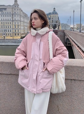 KERNEL COSMOS 羊卷塔塔派 羊羔毛领派克服冬季高克重粉色羽绒服