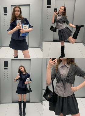 KERNEL COSMOS美高预科生 时髦学院翻领拼披肩开衫假两件中袖上衣