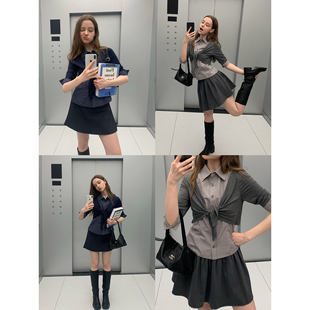 KERNEL 时髦学院翻领拼披肩开衫 假两件中袖 上衣 COSMOS美高预科生