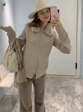 果核宇宙可拆卸毛领粗针羊毛开衫