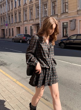 KERNEL COSMOS烟熏尤加利 秋日复古格纹飘带叠穿感水母裙连衣裙