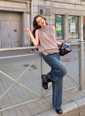 KERNEL COSMOS布朗尼拿铁巷 不对称堆堆领chic感羊毛针织背心上衣