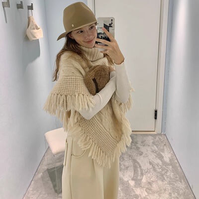 果核宇宙高领羊驼毛流苏披肩斗篷