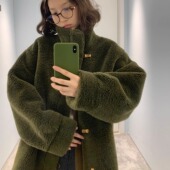 KERNEL COSMOS浓雾苔原 冬日慵懒时髦立领牛角扣羊羔毛宽松厚外套