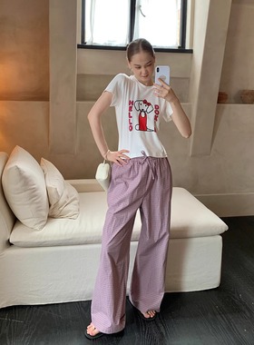 KERNEL COSMOS海盐冰美式 慵懒风复古松紧绑带格子休闲裤直筒长裤