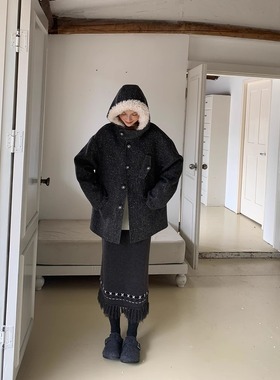 KERNEL COSMOS 奥斯陆雪夜 时髦雪花点毛领手工双面呢大衣