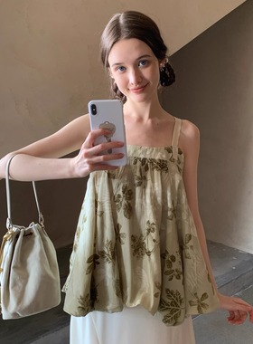 KERNEL COSMOS千本樱特调 自然植物拓印侘寂风设计感蓬松吊带上衣